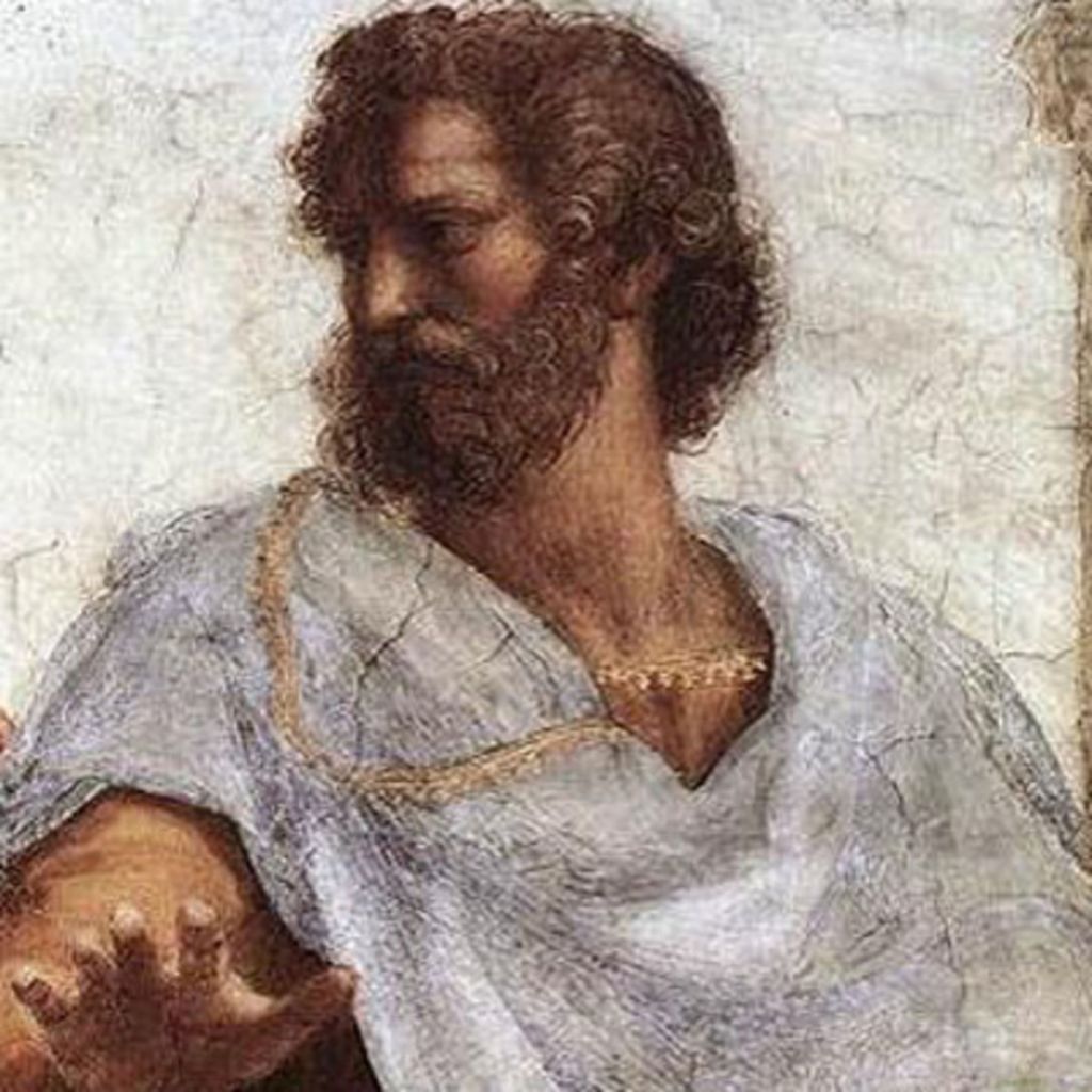 Aristotle close-up as famously portrayed by Raphael with arm stretched forward indicating his engagement in the human world of moral excellence, virtue and habits